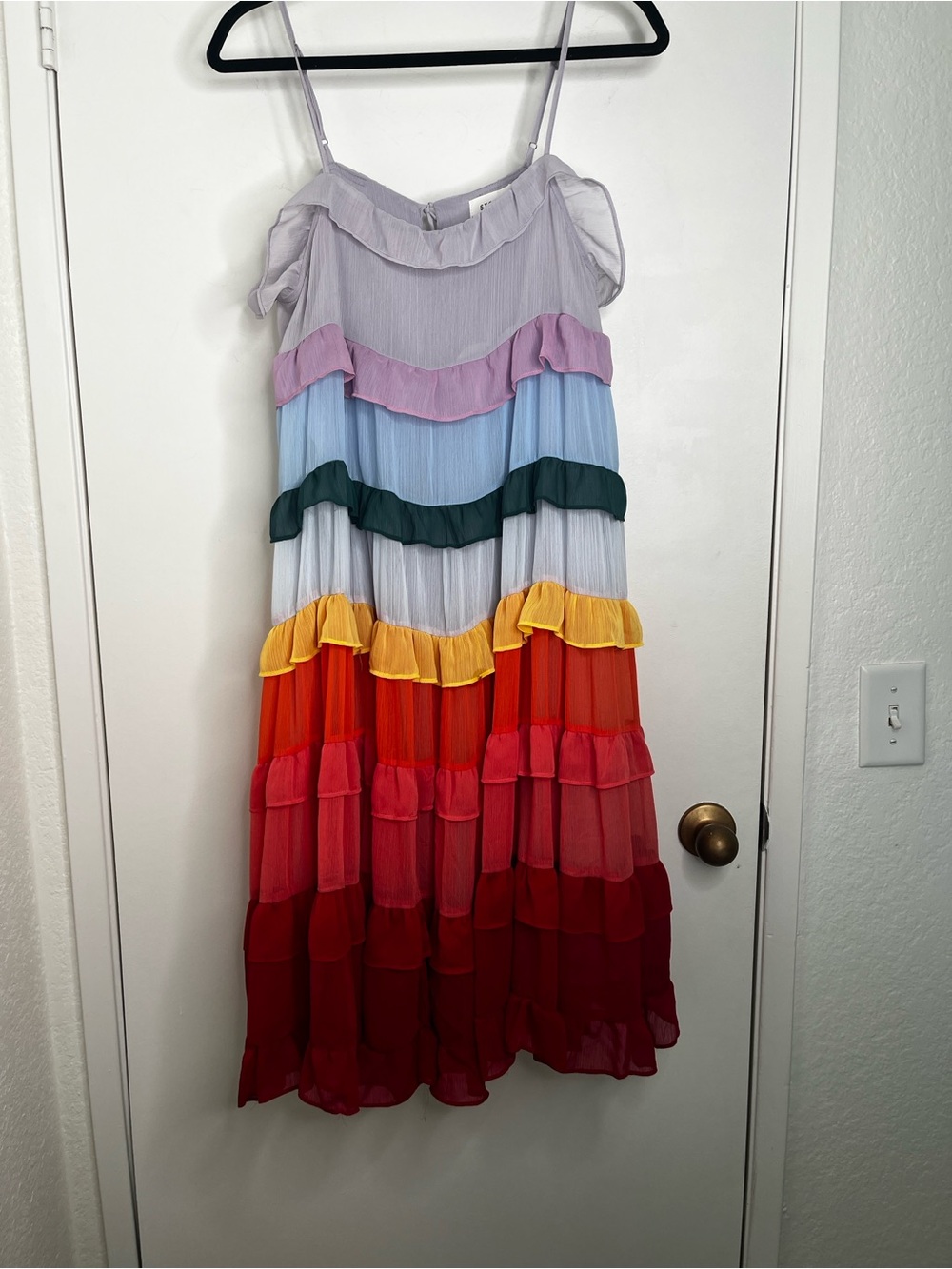 NWT STORIA Rainbow Ruffled Tiered Midi Dress Fairy Goddess Colorful L Whimsical